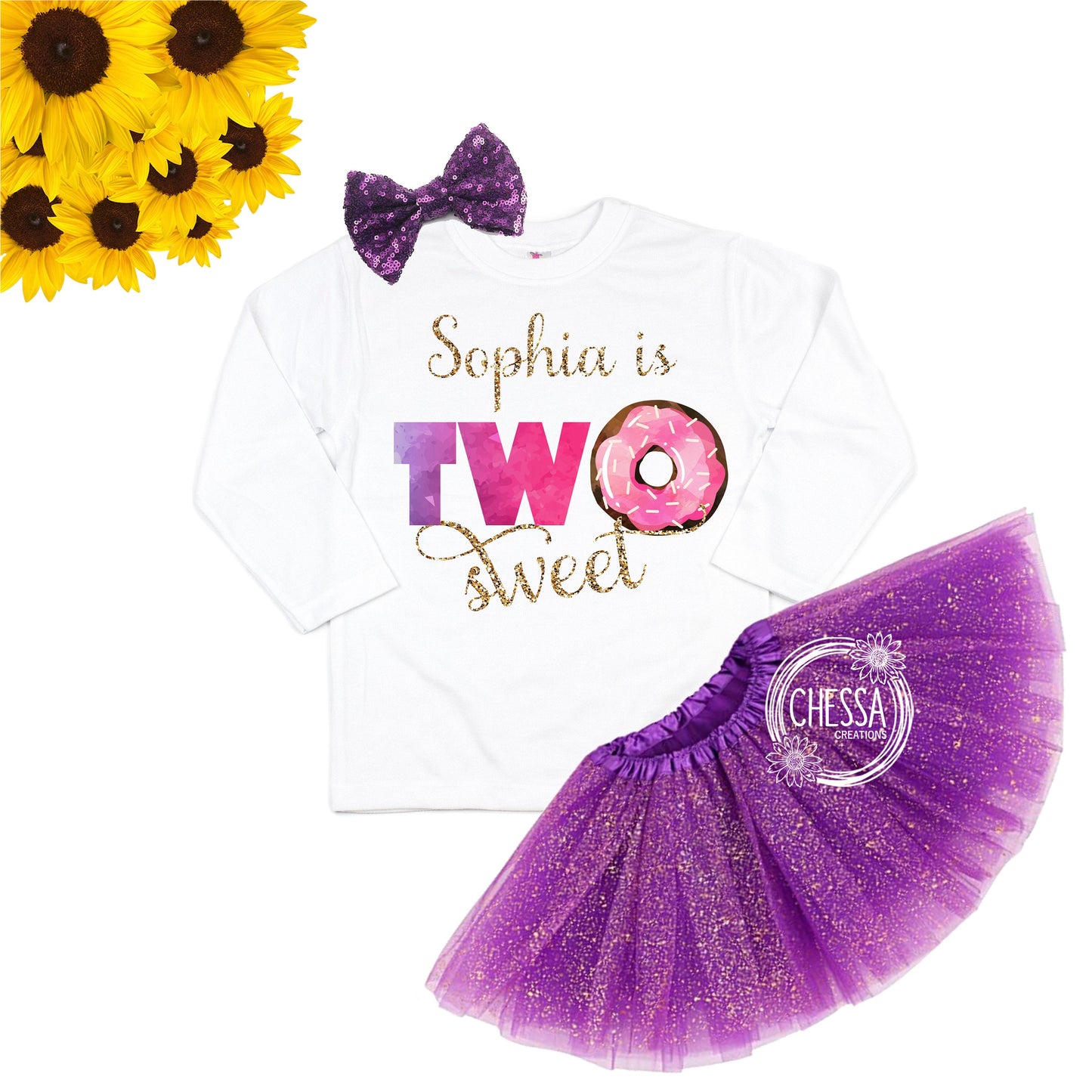 2nd Birthday Outfit Girl Two Sweet Donut 2 Year Old Girl Birthday Outfit, Short or Long Sleeve Shirt with Tutu and Bow, DTG