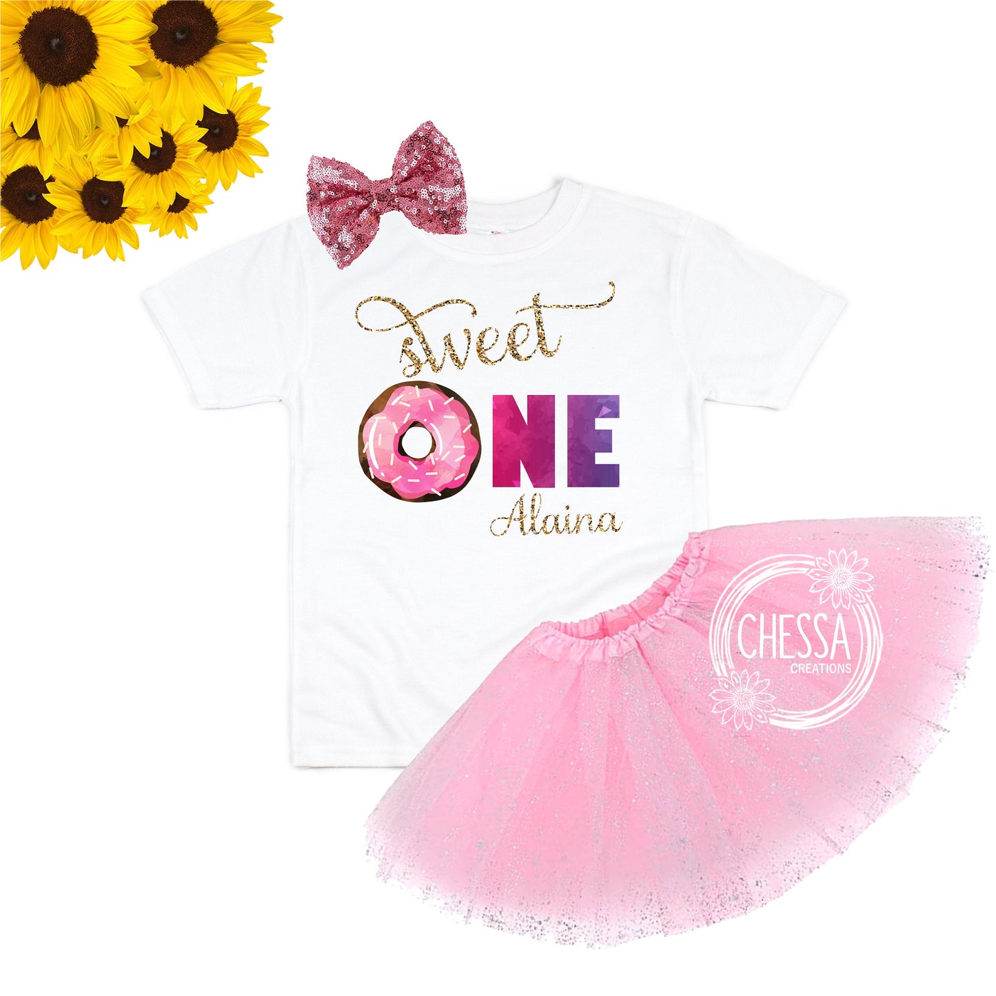 Donut First Birthday Girl Sweet One Outfit 1st Birthday, One Year Old Girl Birthday, Long or Short Sleeve Shirt with Tutu and Bow, DTG Ink