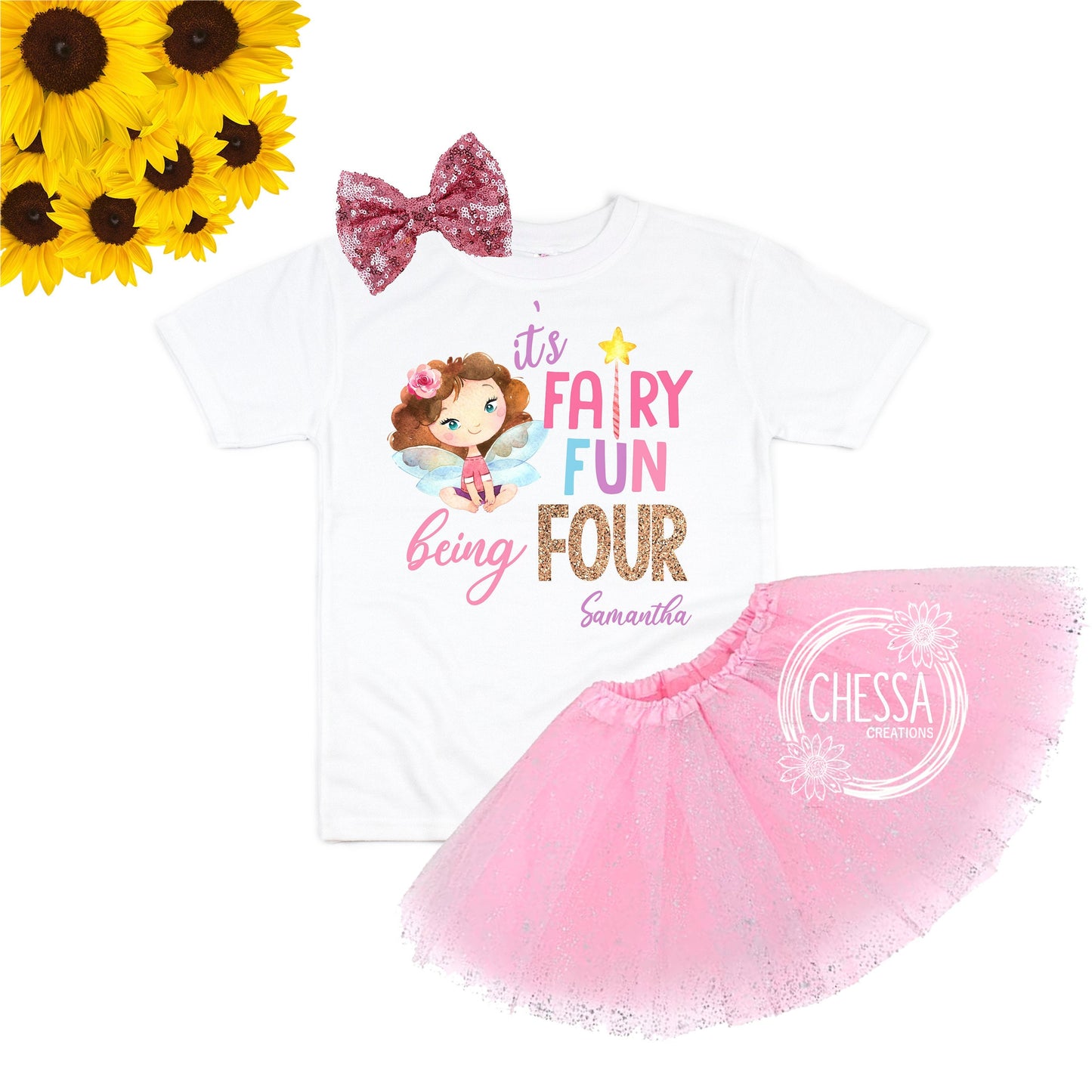 Girl Fairy Birthday Party Shirt Tutu Outfit for Girls, Short or Long Sleeve, ANY AGE! 1, 2, 3, 4, 5, 6, 7, 8 Year Old, Gold Tutu and Bow