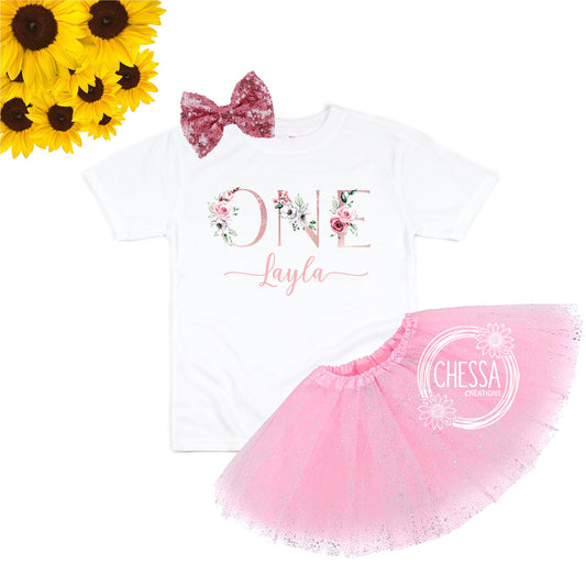 First Birthday Girl Outfit 1st Birthday Floral One Year Old Girl Birthday, Rose Gold, Long or Short Sleeve Shirt with Tutu and Bow