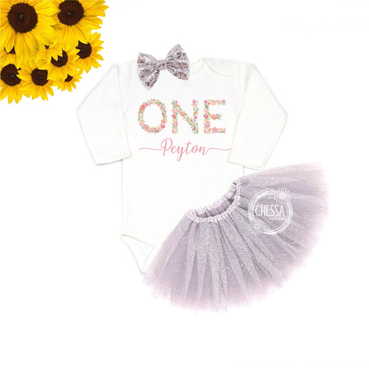 1st Birthday Girl Outfit, Name Shirt for First Birthday Cake Smash, Birthday Long Sleeve, Light Pink Floral Letters, Tea Party, Ink Print