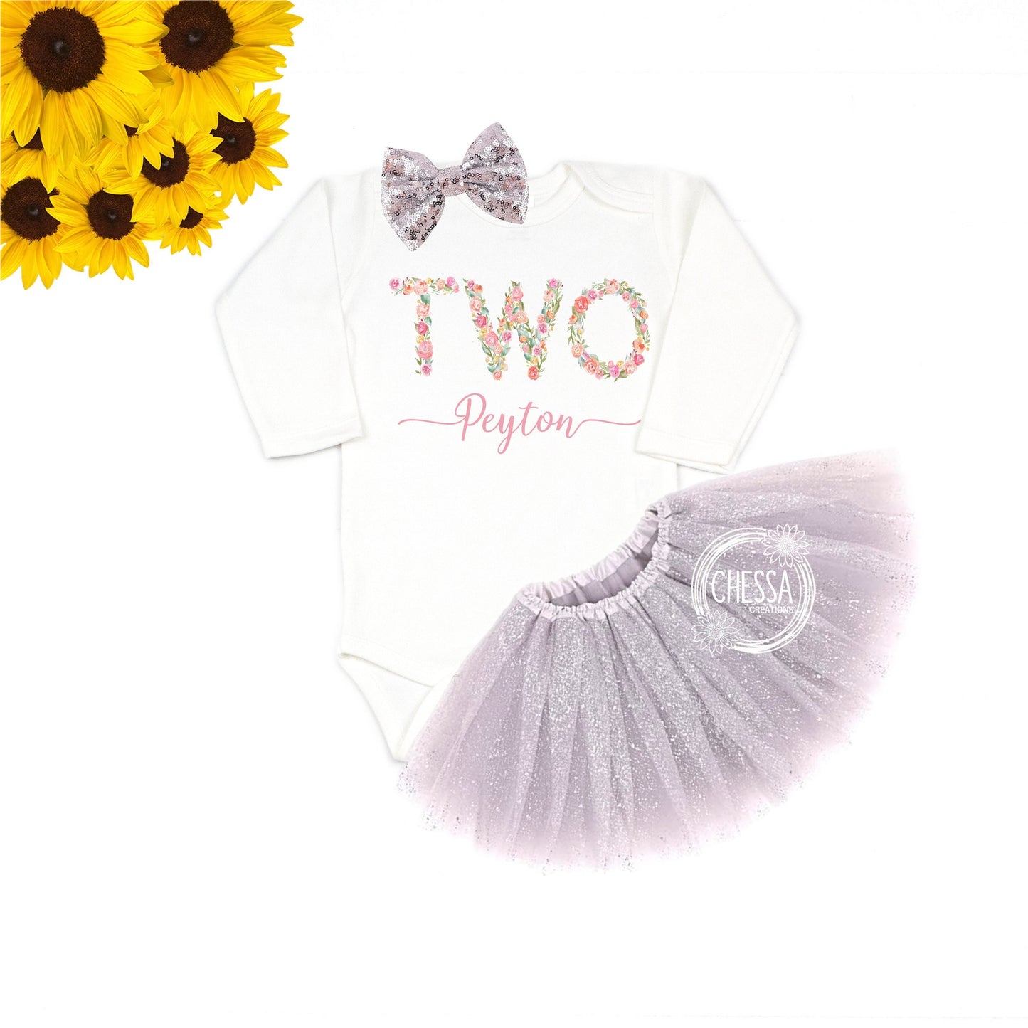 2nd Birthday Outfit Girl Two 2 Year Old Girl Birthday Outfit, Pink Floral, Short or Long Sleeve Shirt, Tutu Bow, DTG Ink Print