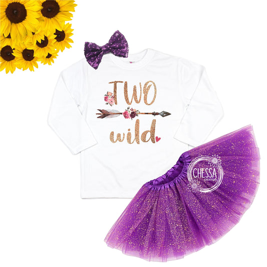 Two Wild Girl 2nd Birthday Outfit 2 Year Old Girls Birthday Outfit, Long or Short Sleeve Shirt with Tutu and Bow, DTG Ink Print, More Colors