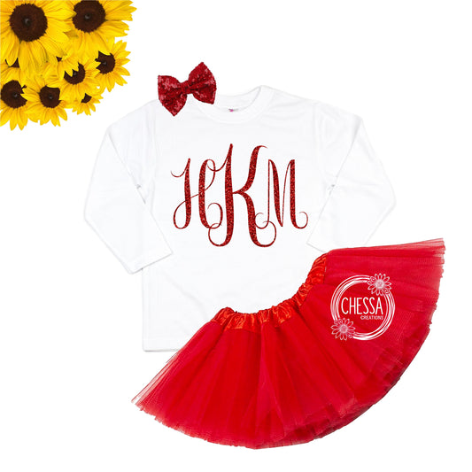 Christmas Girl Outfit, Monogram Girls Shirt with Red Tutu and Bow, ANY COLOR!