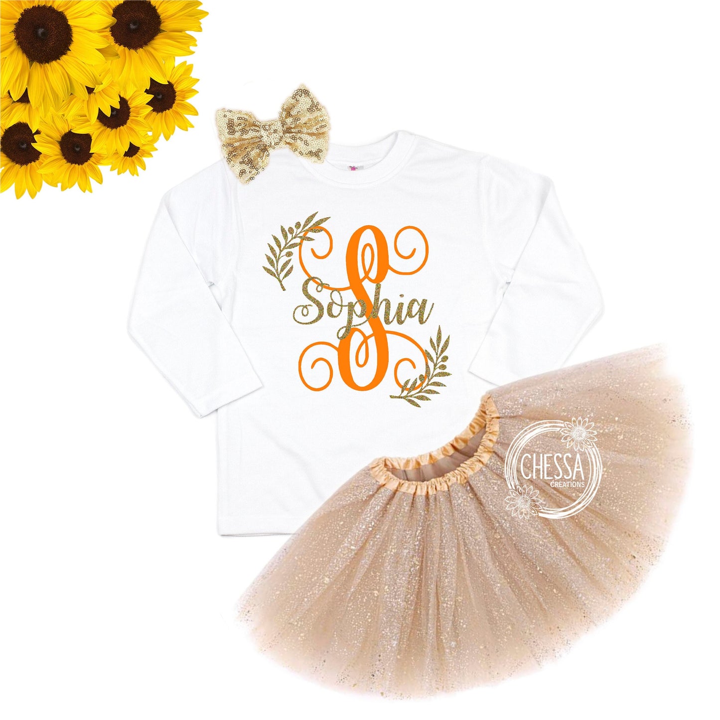 Fall Birthday Girl Outfit, Shirt for Girls, Fall Outfit Set with Tutu & Bow, Glitter Gold