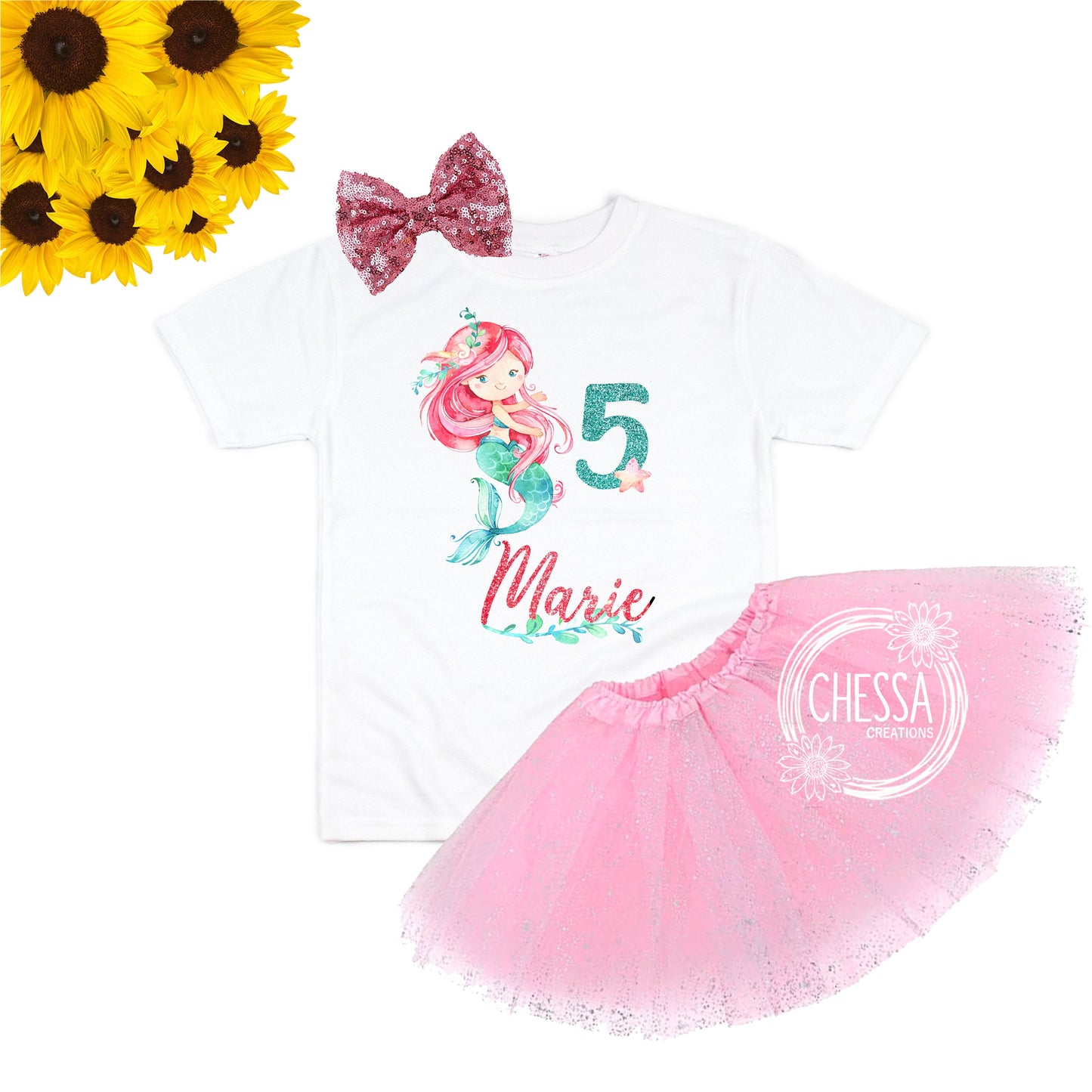 Mermaid Birthday Shirt Girl Birthday Outfit, ANY AGE! 1, 2, 3, 4, 5, 6, 7, 8 Year Old Girl Outfit, Long Sleeve Shirt, Tutu and Bow, DTG Ink