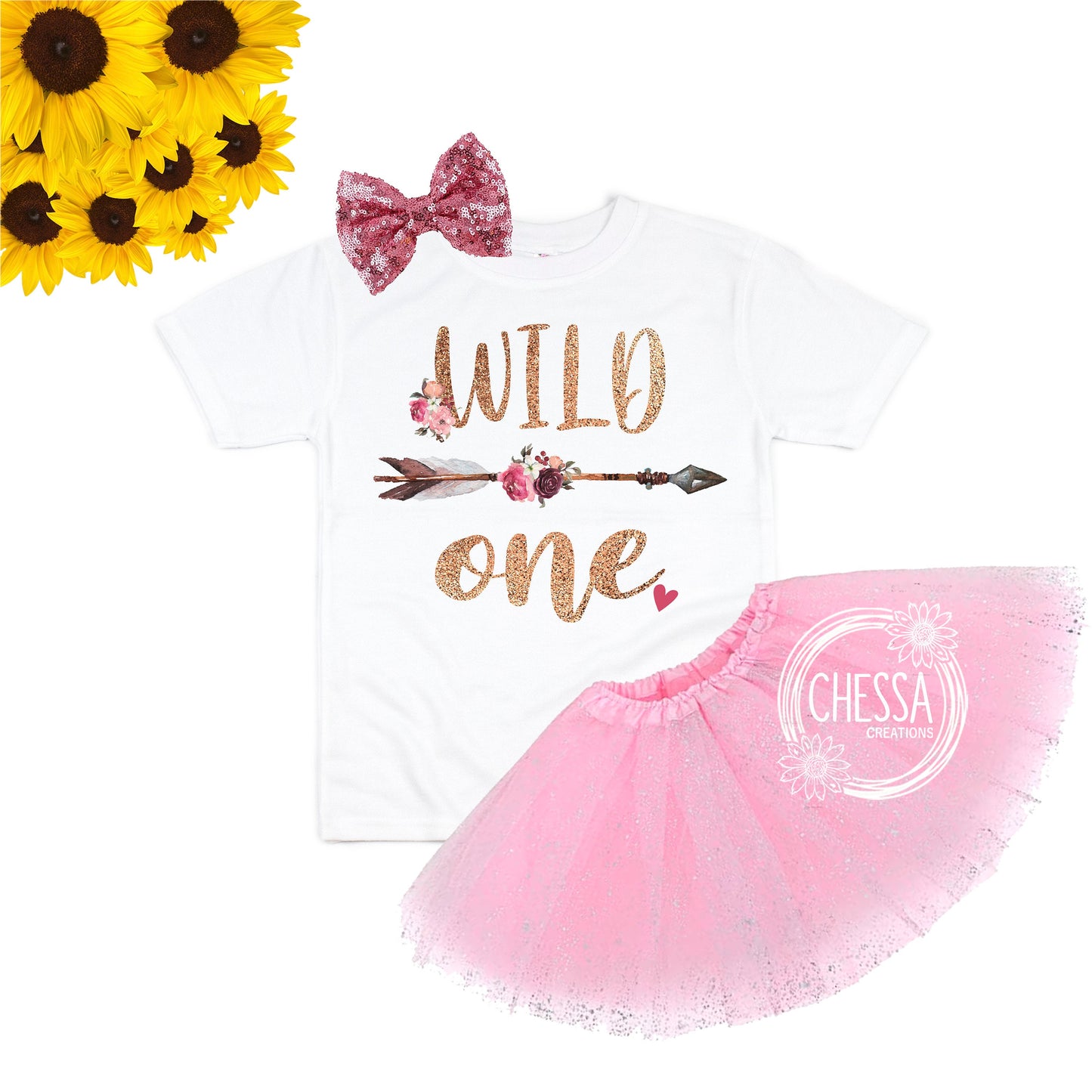 Wild ONE 1st Birthday Girl Outfit, Shirt for First Birthday Cake Smash, Tribal Arrow Flowers Outfit Set with Tutu & Bow, Glitter Gold Purple