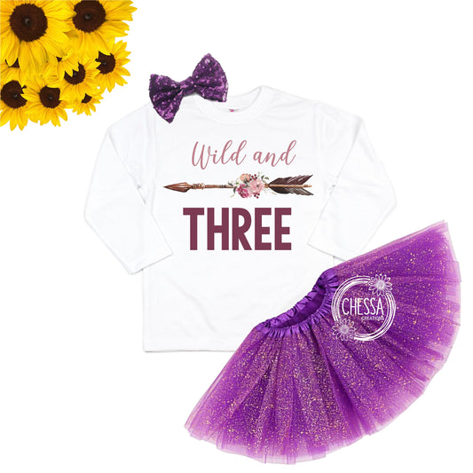 Wild and Three 3rd Birthday Outfit Girl 3 Year Old Shirt, Short or Long Sleeve, Purple Tutu and Bow, Boho Floral Tribal Arrow, DTG Ink Print