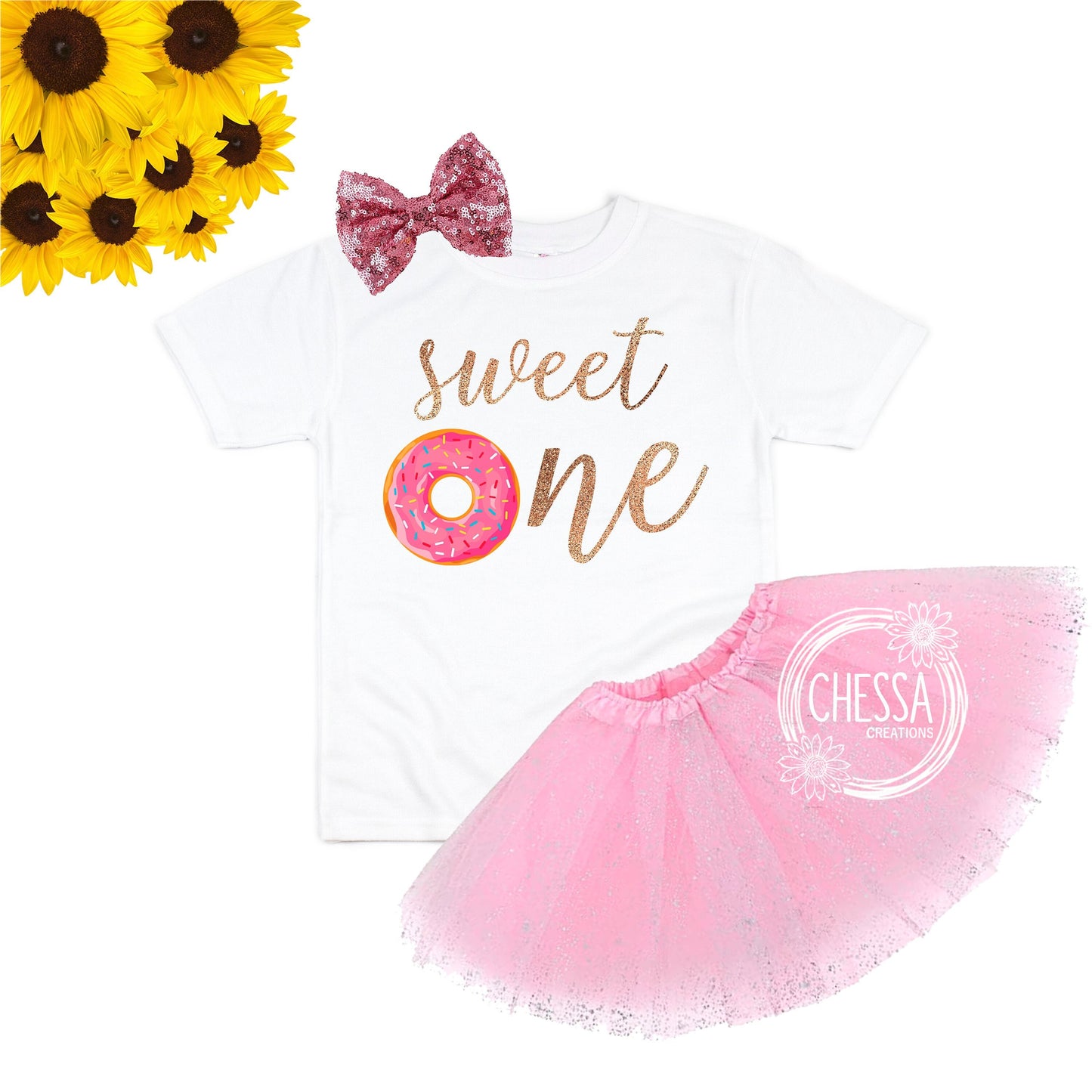 Sweet One First Birthday Girl Outfit, Shirt for 1st Birthday Cake Smash, Donut Outfit Set with Tutu & Bow, Glitter Gold, Pink, DTG Ink Print