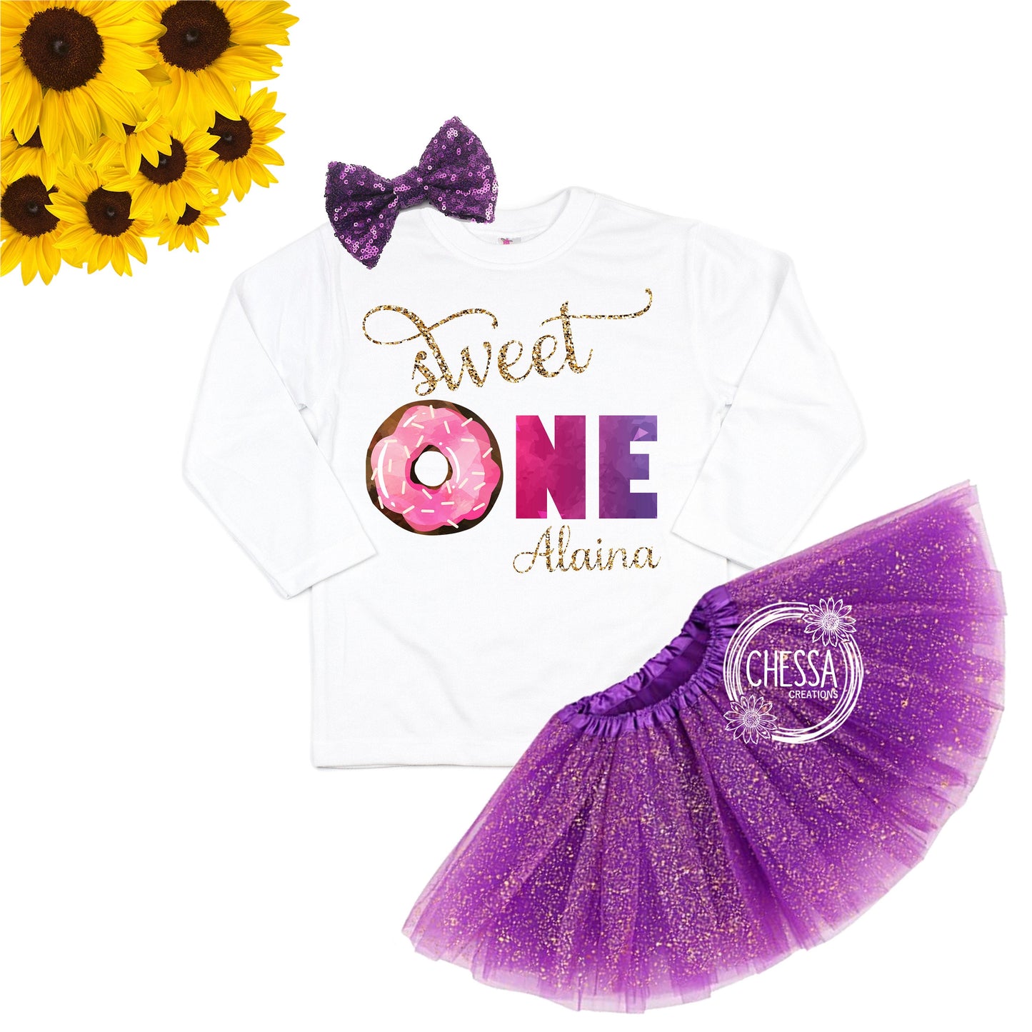 Donut First Birthday Girl Sweet One Outfit 1st Birthday, One Year Old Girl Birthday, Long or Short Sleeve Shirt with Tutu and Bow, DTG Ink