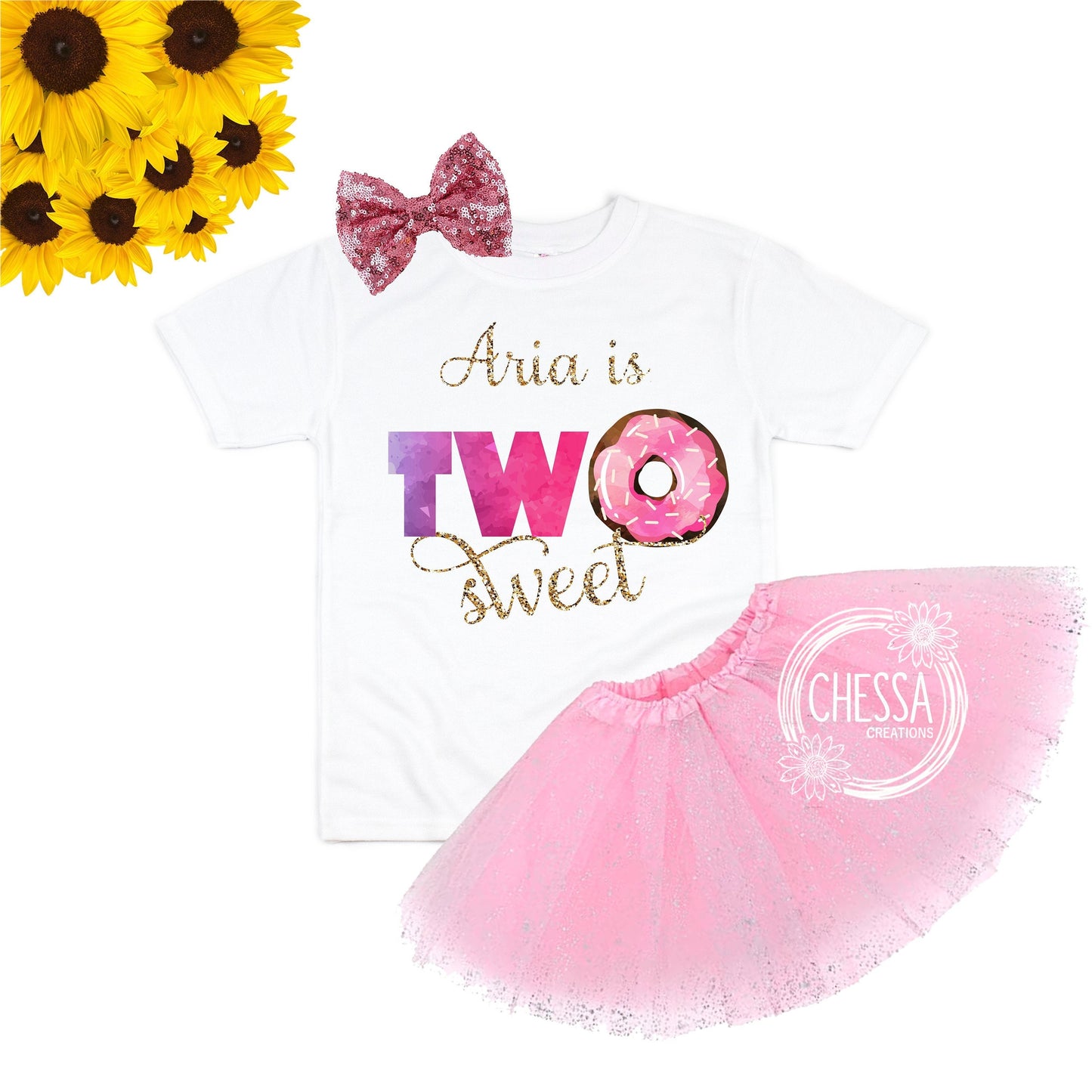 2nd Birthday Outfit Girl Two Sweet Donut 2 Year Old Girl Birthday Outfit, Short or Long Sleeve Shirt with Tutu and Bow, DTG