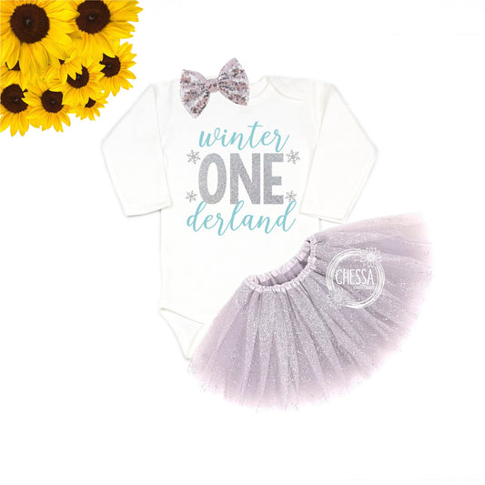 Winter ONEderland 1st Birthday Girl Outfit First One Year Old Girl Birthday, Snowflake, Long or Short Sleeve Shirt with Tutu and Bow