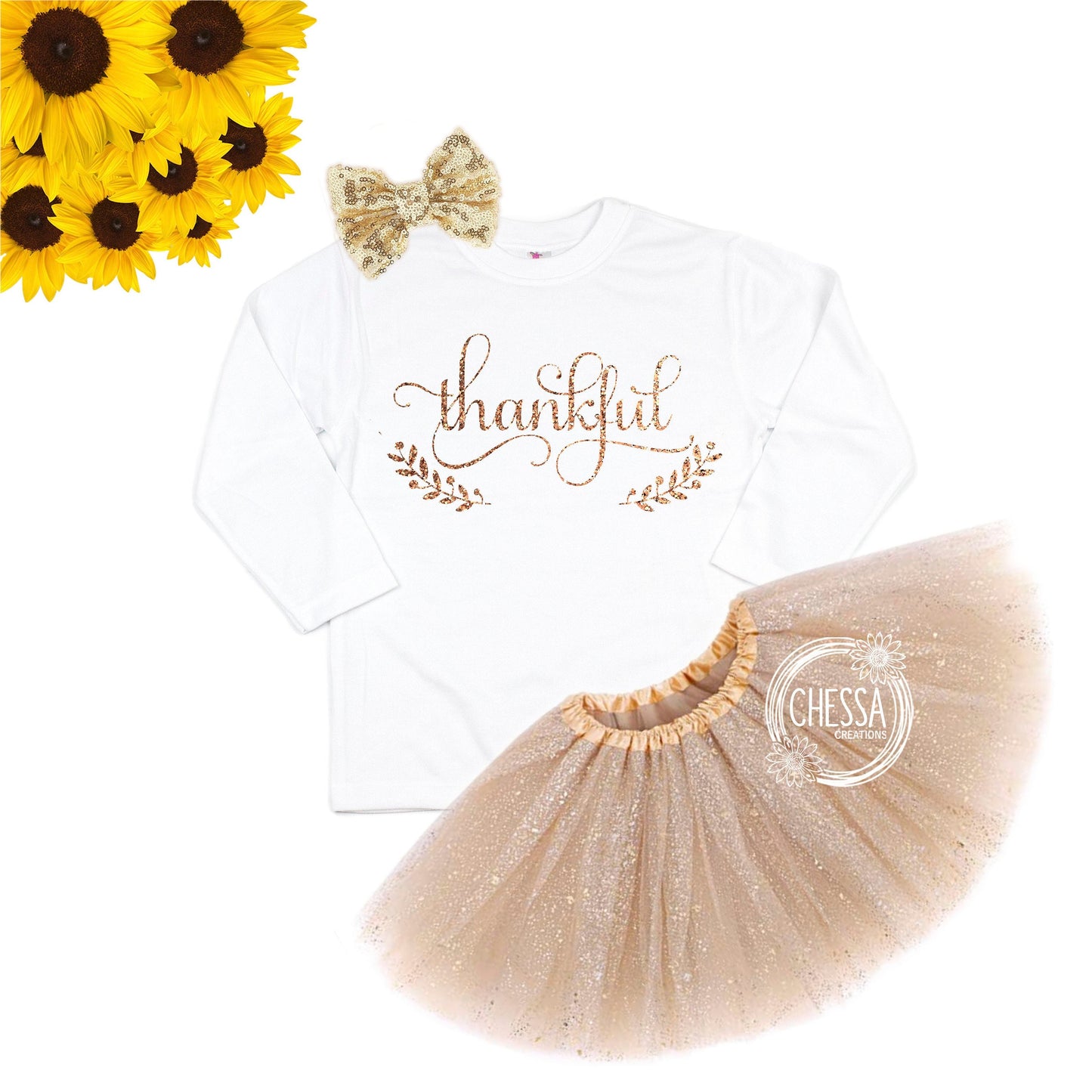 Fall Birthday Girl Outfit, Shirt for Girls, Thankful Fall Outfit Set with Tutu & Bow, Glitter Gold