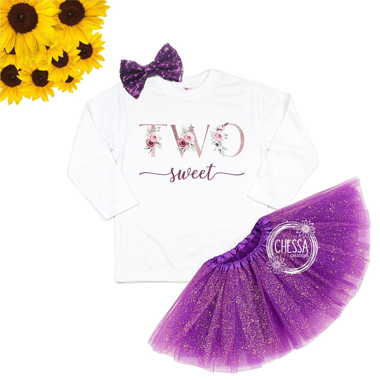 2nd Birthday Outfit Girl Two Sweet 2 Year Old Girl Birthday Outfit, Rose Gold Floral, Short or Long Sleeve Shirt, Tutu Bow, DTG Ink Print