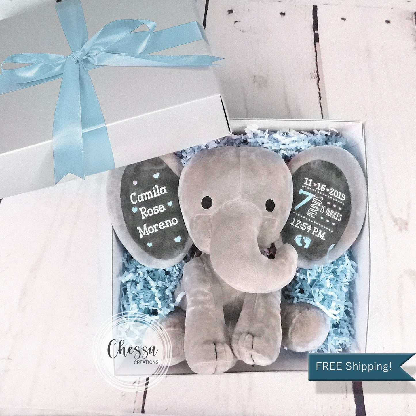 Baby Boy Shower Gift Basket 2-Piece Set Personalized Elephant Stuffed Animal Newborn Boys Basket Personalized Bodysuit Pale Blue, DTG Ink