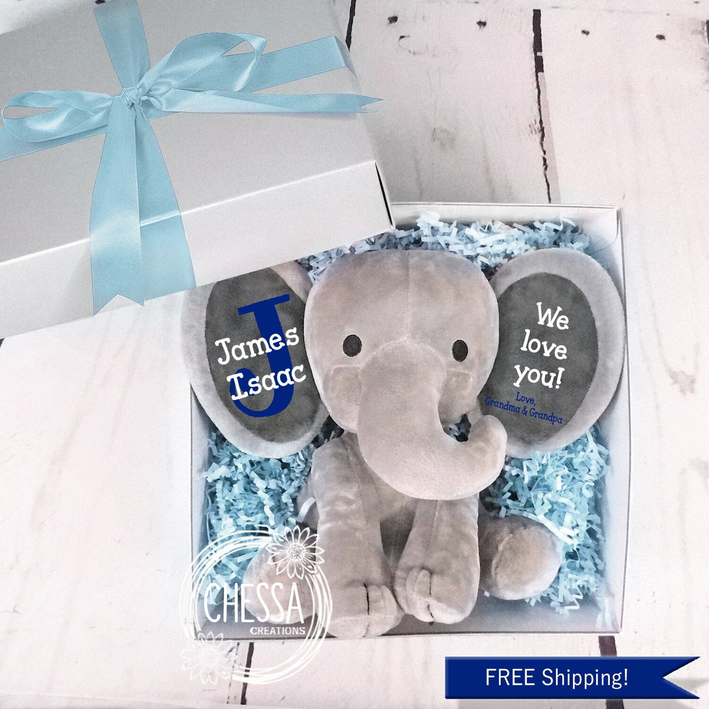 Baby Boy Shower Gift Basket Personalized Elephant Stuffed Animal Newborn Boys Basket Personalized Bodysuit Camo Royal Blue, DTG Ink Print