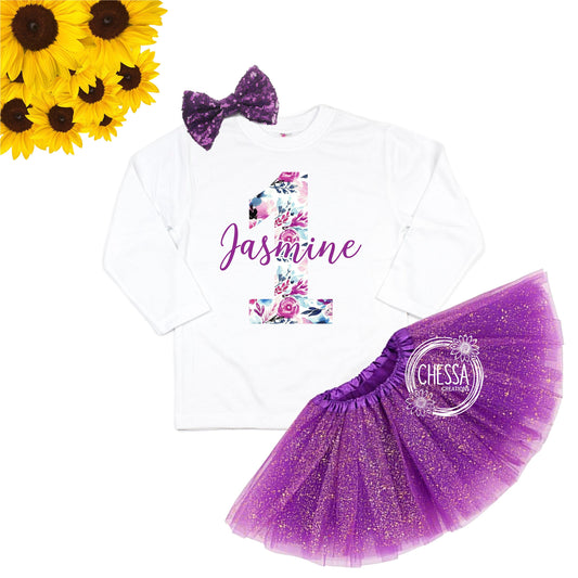 1st 2nd 3rd Birthday Girl Outfit, Shirt for First Birthday Cake Smash, ANY AGE!, Birthday Long Sleeve, Purple Floral, DTG Ink Print, 4, 5, 6