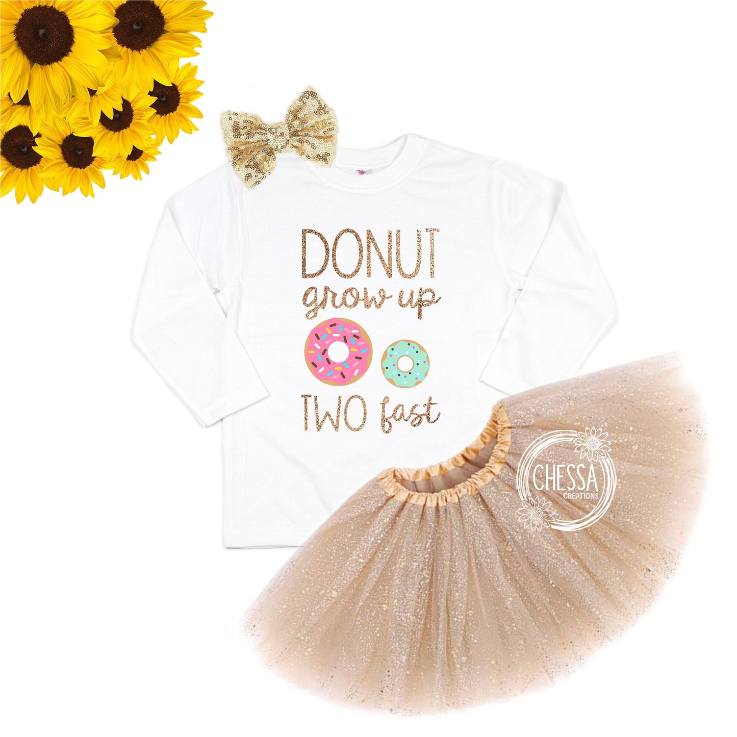 2 Year Old Girl Birthday Outfit, Two Sweet Shirt, Candy, Donut Birthday Girl Outfit, Blue Gold Glitter Pink Donut Grow Up Two Fast DTG Ink