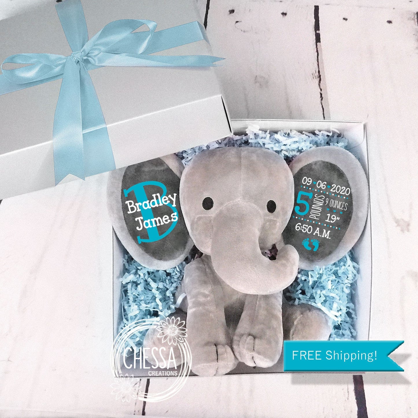 Baby Boy Shower Gift Basket 2-Piece Set Personalized Elephant Stuffed Animal Newborn Boys Basket Personalized Bodysuit Sky Blue Ombre, DTG