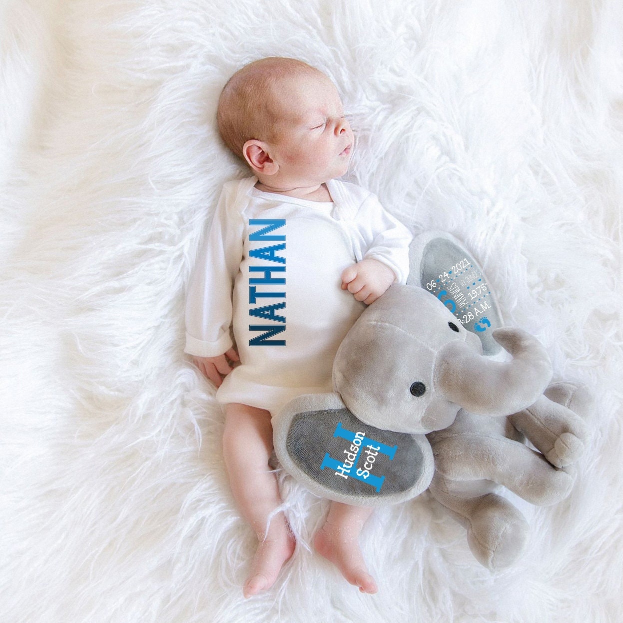 Baby Boy Shower Gift Basket 2-Piece Set Personalized Elephant Stuffed Animal Newborn Boys Basket Personalized Bodysuit Sky Blue Ombre, DTG