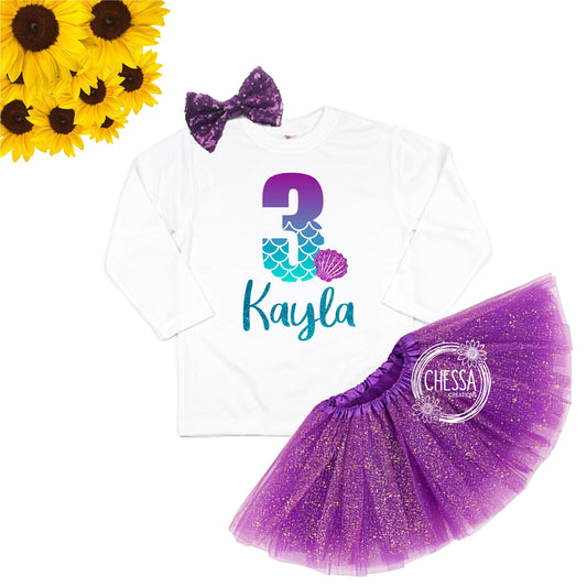 Mermaid Birthday Shirt Girl Outfit for ANY AGE! 1, 2, 3, 4, 5, 6, 7, 8 Year Old Girls Long Sleeve, Purple Teal Tutu and Bow, DTG Ink Print