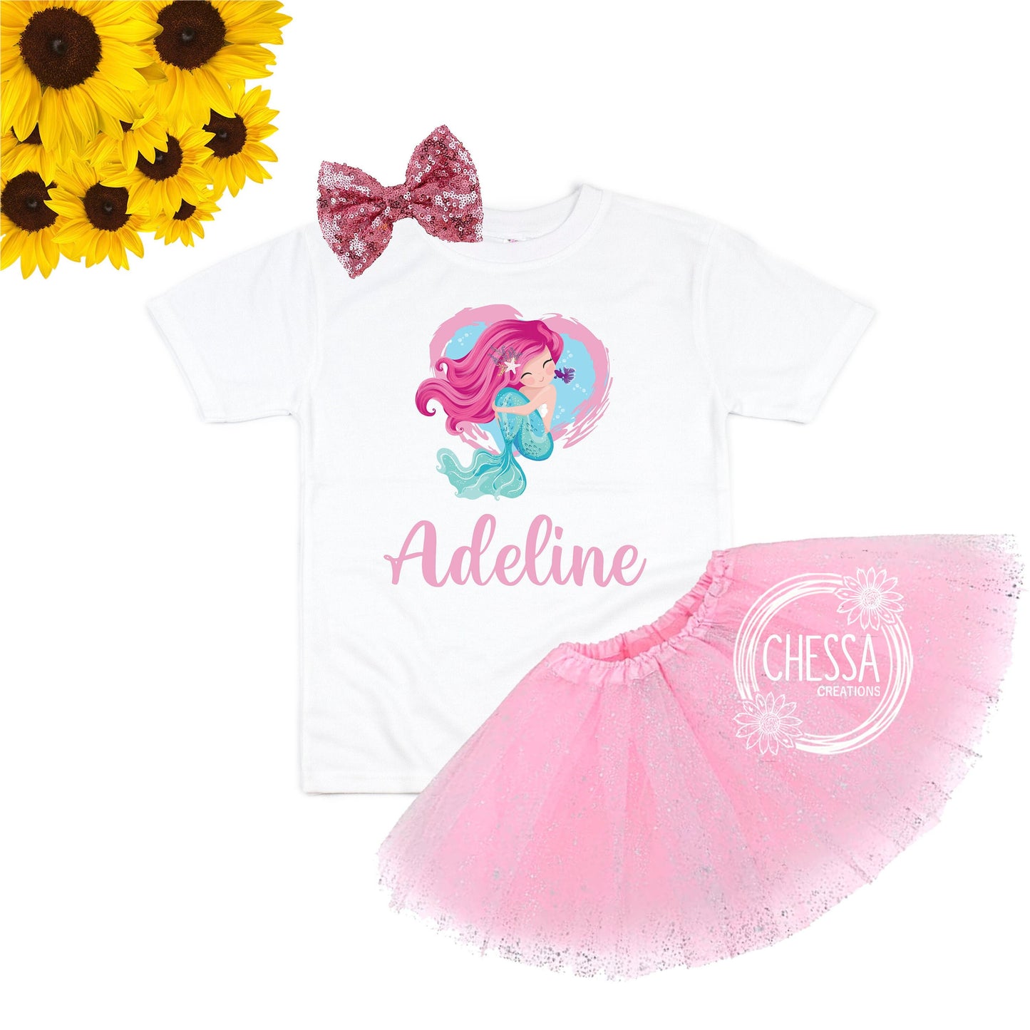 Cute Girls Shirt, Mermaid Gift, Stocking Stuffer, Tutu and Bow Outfit, Custom Personalized Shirts for Girl, Long Sleeve