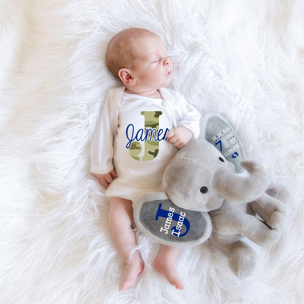 Baby Boy Shower Gift Basket Personalized Elephant Stuffed Animal Newborn Boys Basket Personalized Bodysuit Camo Royal Blue, DTG Ink Print