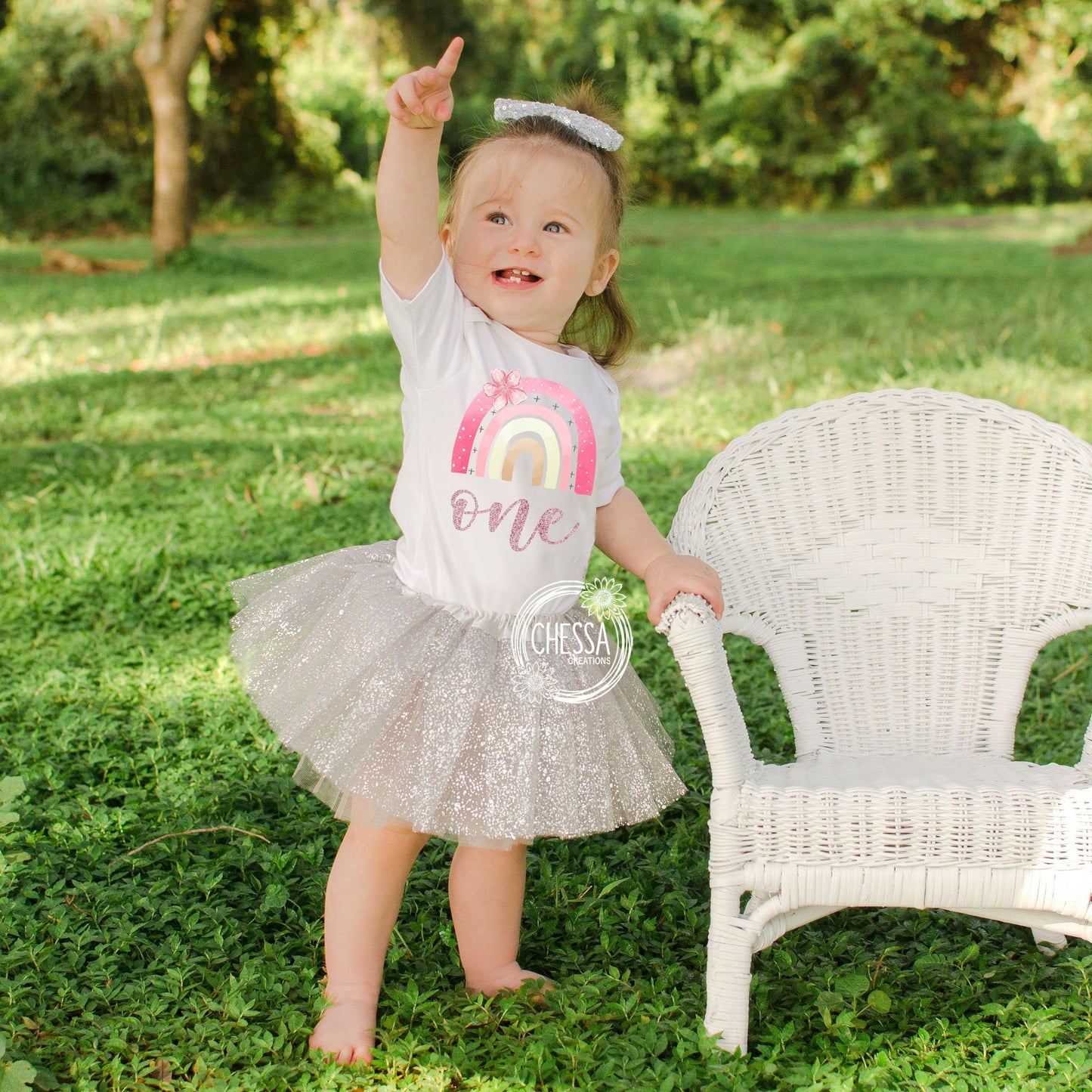 1st Birthday Girl Outfit, Rainbow Name Shirt for First Birthday Cake Smash, Birthday Long Sleeve, Light Pink Sparkly Letters, Pro Ink Print