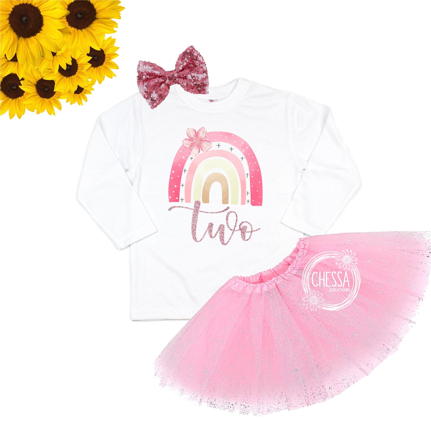 2nd Birthday Girl Outfit, Rainbow Name Shirt for 2 Year Old Birthday Cake Smash, Birthday Long Sleeve, Light Pink Floral Letters, DTG Ink