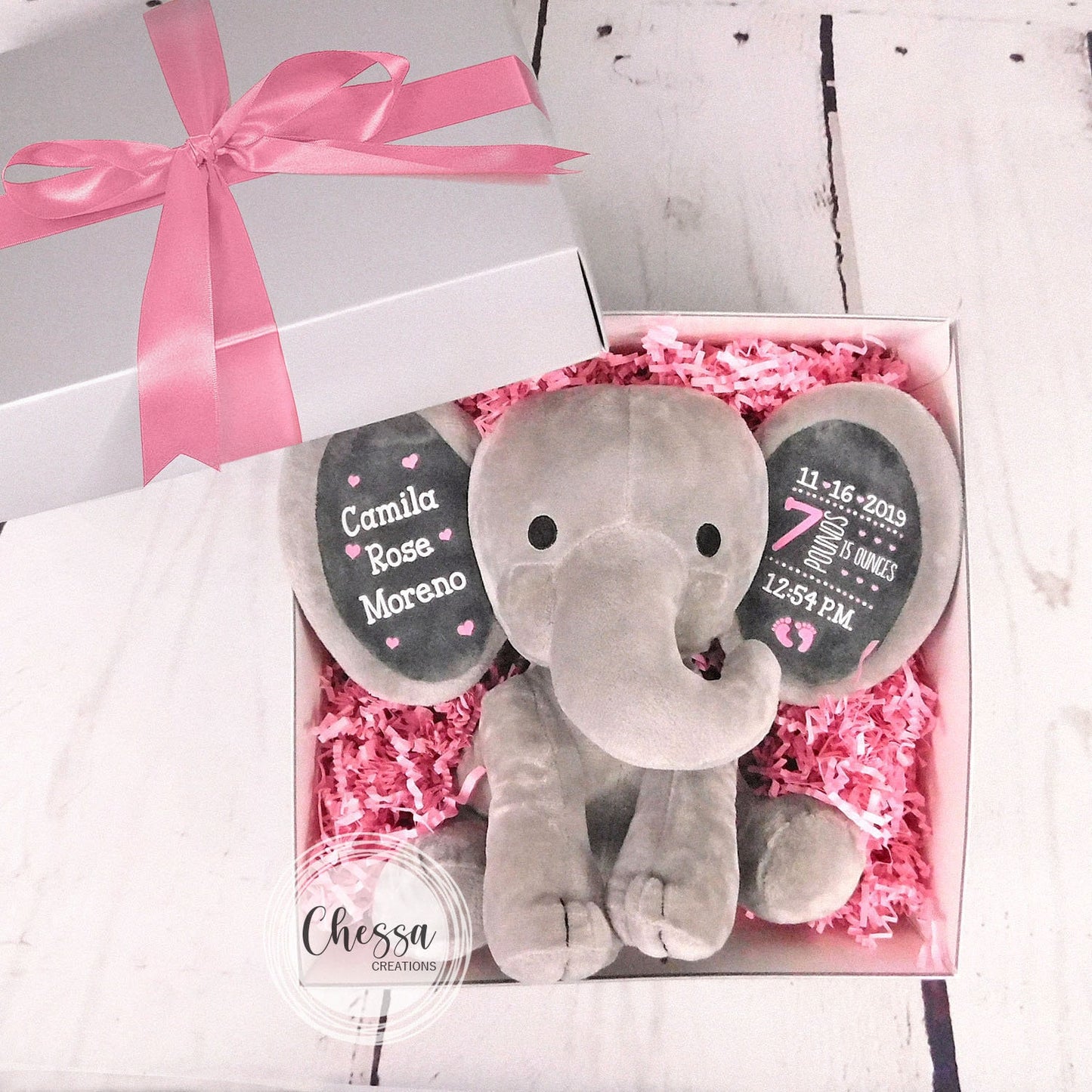 Newborn Baby Girl Gift Basket Set 2-Piece Set Customized Elephant Stuffed Animal, Shower, Newborn Personalized Floral Wreath, Cursive Pink