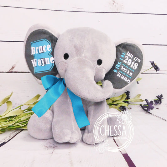 Unique Baby Boy Gift Basket Personalized Girl Stuffed Animal Elephant Custom Birth Stats Monogram, Teal Blue