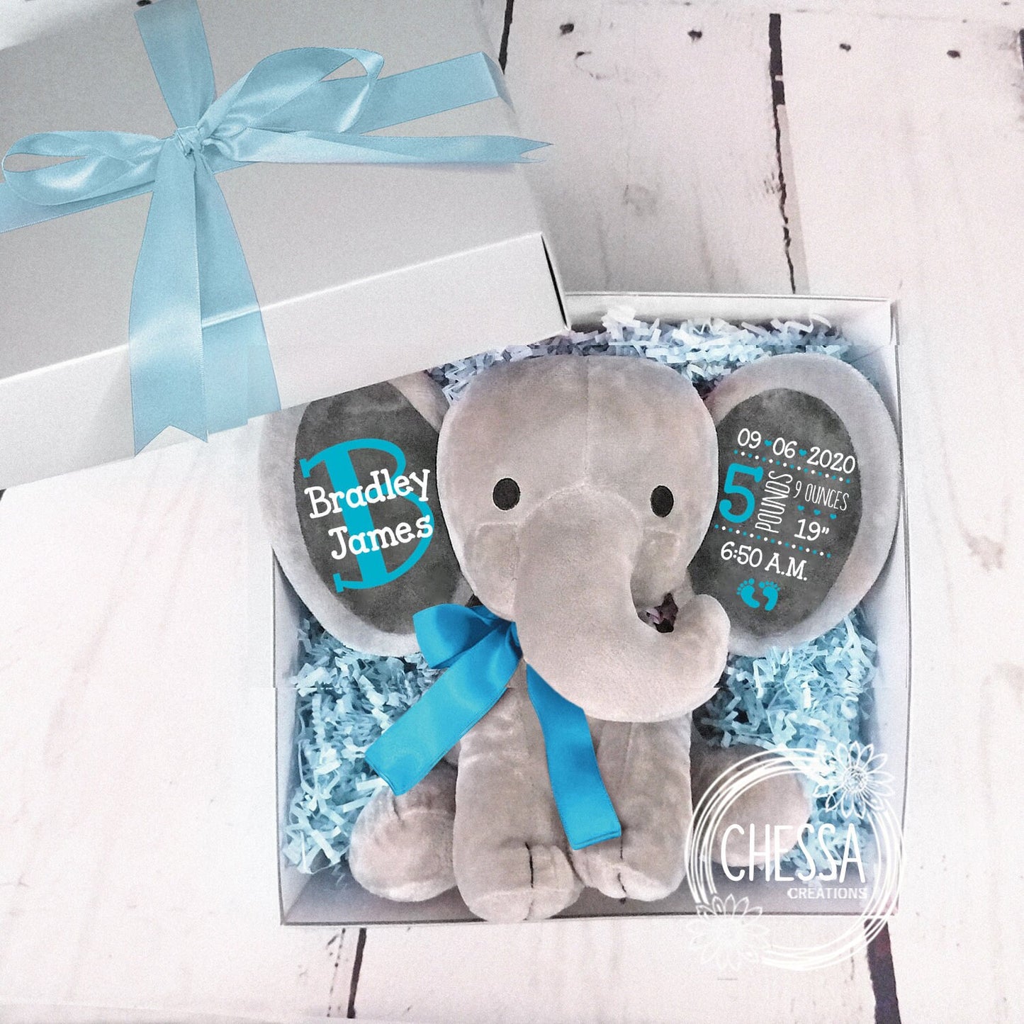 Unique Baby Boy Gift Basket Personalized Girl Stuffed Animal Elephant Custom Birth Stats Monogram, Teal Blue