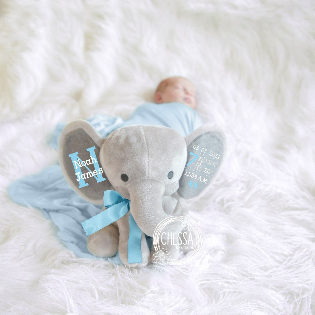 Unique Baby Boy Gift Basket Personalized Girl Stuffed Animal Elephant Custom Birth Stats Monogram, Teal Blue