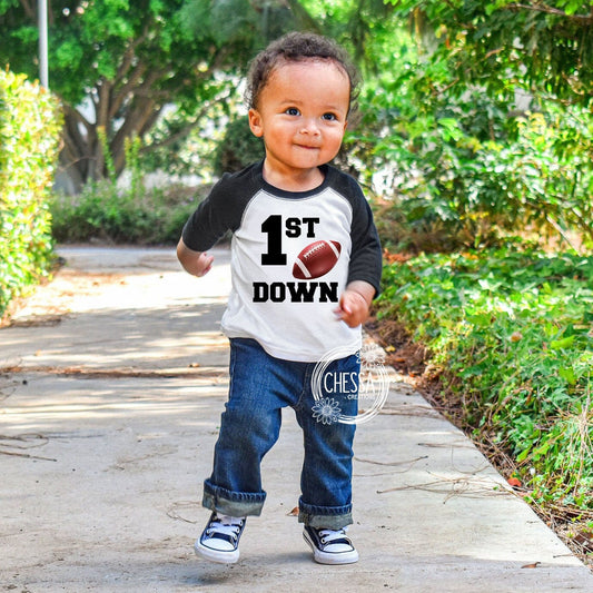 Football Birthday 1st Down Boy Outfit, First Birthday, White raglan shirt w/ Black Sleeves, Sport Party, 1, 2, 3, 4, 5, 6, 7, DTG Ink Print