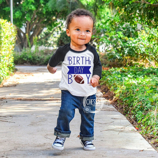 Football 1st Birthday Boy Outfit, First Birthday, White raglan shirt w/ Black Sleeves, Sport Party, 1, 2, 3, 4, 5, 6, 7, Blue, DTG Ink Print