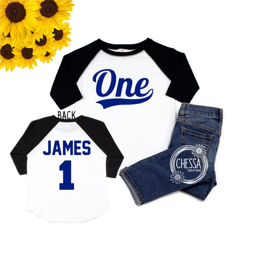 Baby First Baseball Birthday Boy, One Year Old Boy Birthday Outfit, Baseball First Birthday, White raglan shirt w/ Black Sleeves, Royal Blue