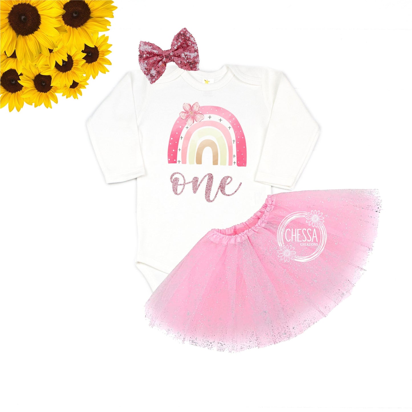 1st Birthday Girl Outfit, Rainbow Name Shirt for First Birthday Cake Smash, Birthday Long Sleeve, Light Pink Sparkly Letters, Pro Ink Print