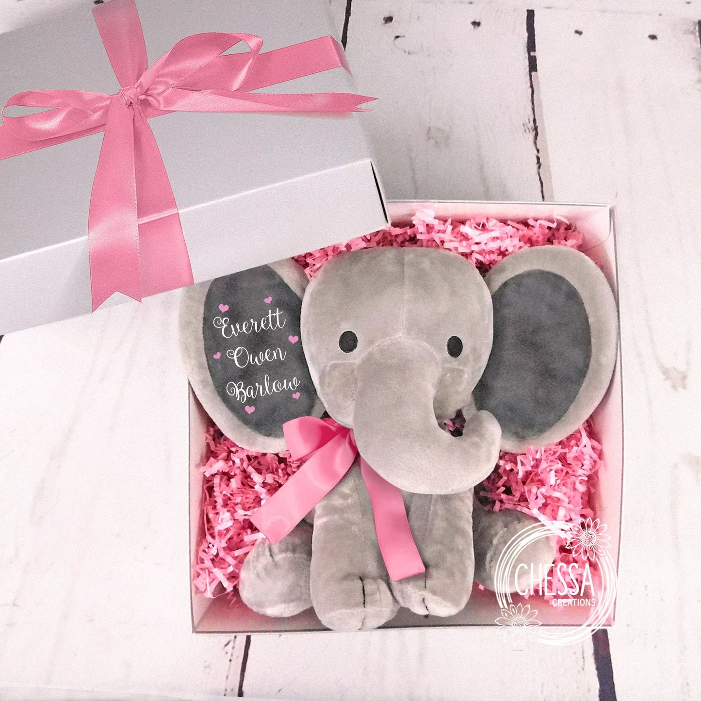 Baby Girl Shower Gift Basket 2-Piece Set Personalized Elephant Stuffed Animal Newborn Girl Basket Personalized Floral Bodysuit, Cursive Pink