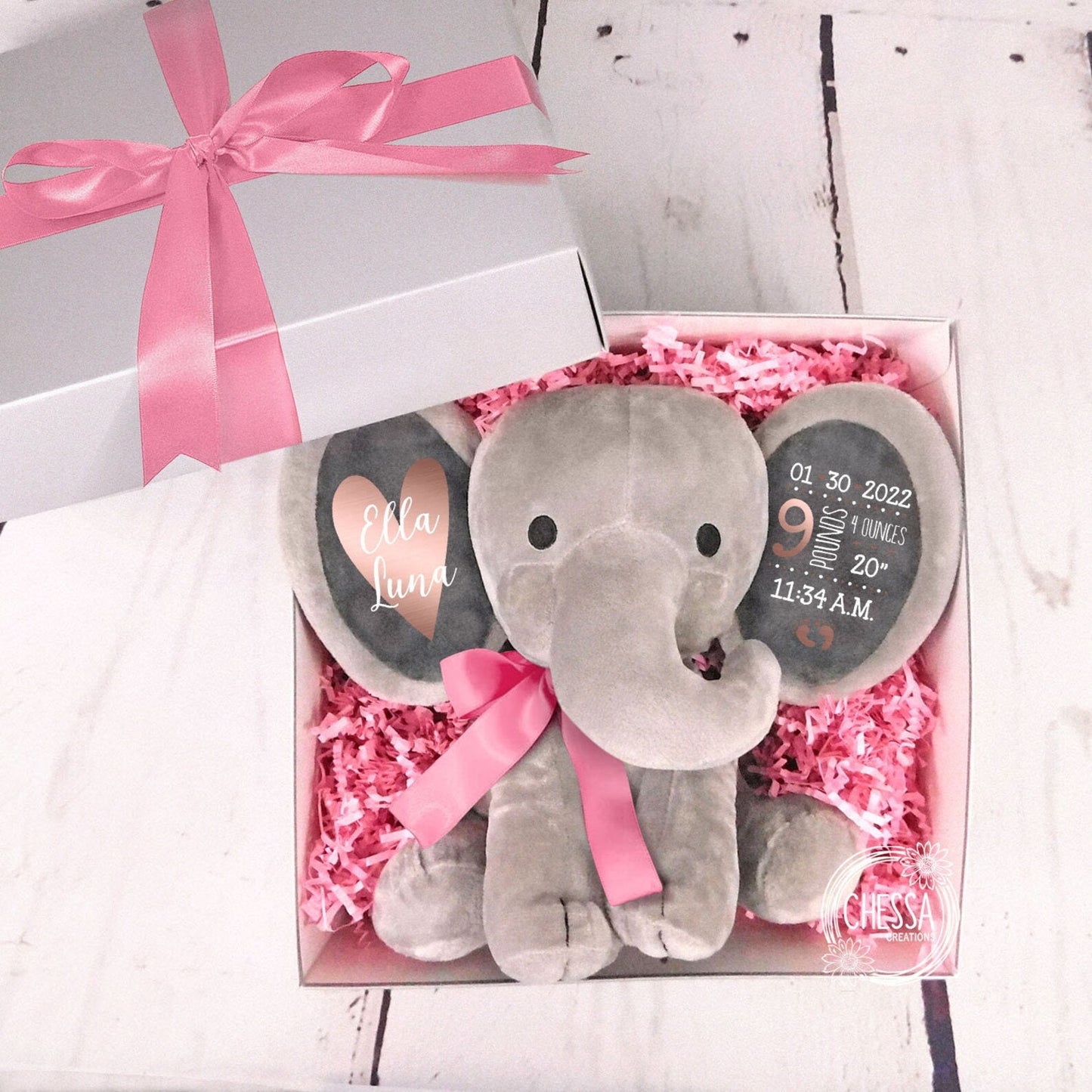 Rose Gold Baby Girl Gift Shower Set Personalized Stuffed Animal Newborn, Large Heart Design, 3-Piece Gifts Basket Bodysuit, Bib, Elephant