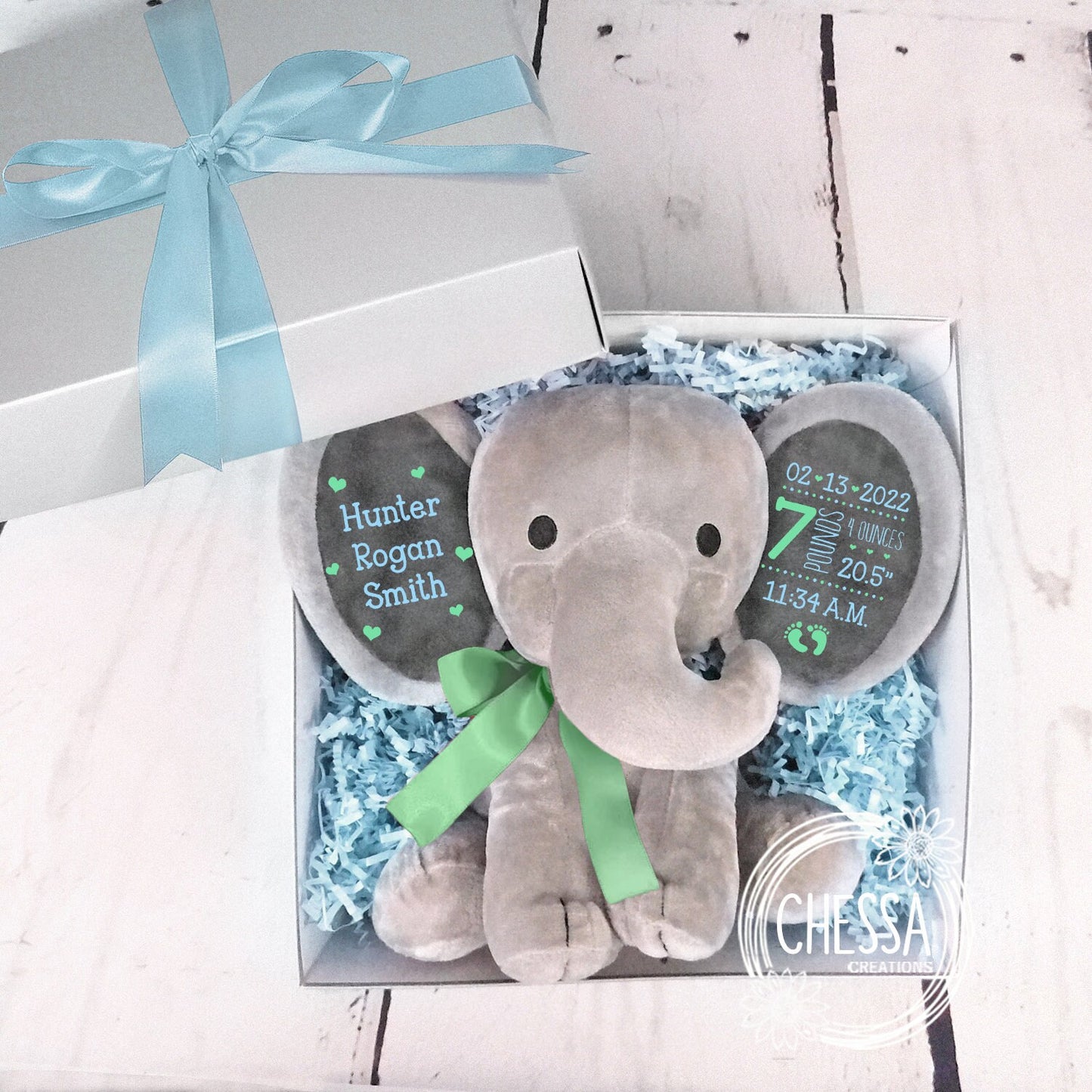 Custom Baby Boy Gift 3-Piece Shower Set Elephant, Bodysuit, & Bib, Newborn, Personalized Stuffed Animal Gift Basket Blue, New Mom, Pale Blue
