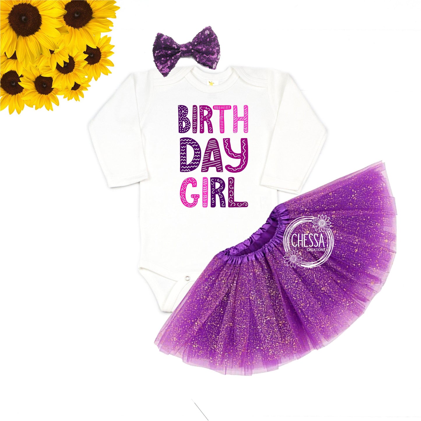 Birthday Girl Outfit for Girls Shirt for 1, 2, 3, 4, 5, 6, 7 Year Old Girl Short or Long Sleeve Shirt, Tutu & Bow, Pink, Purple, Fuscia