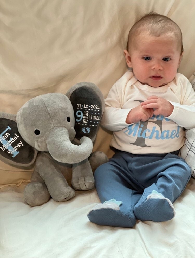 Custom Baby Boy Gift 3-Piece Shower Set Elephant, Bodysuit, & Bib, Newborn, Personalized Stuffed Animal Gift Basket Blue, New Mom, Pale Blue