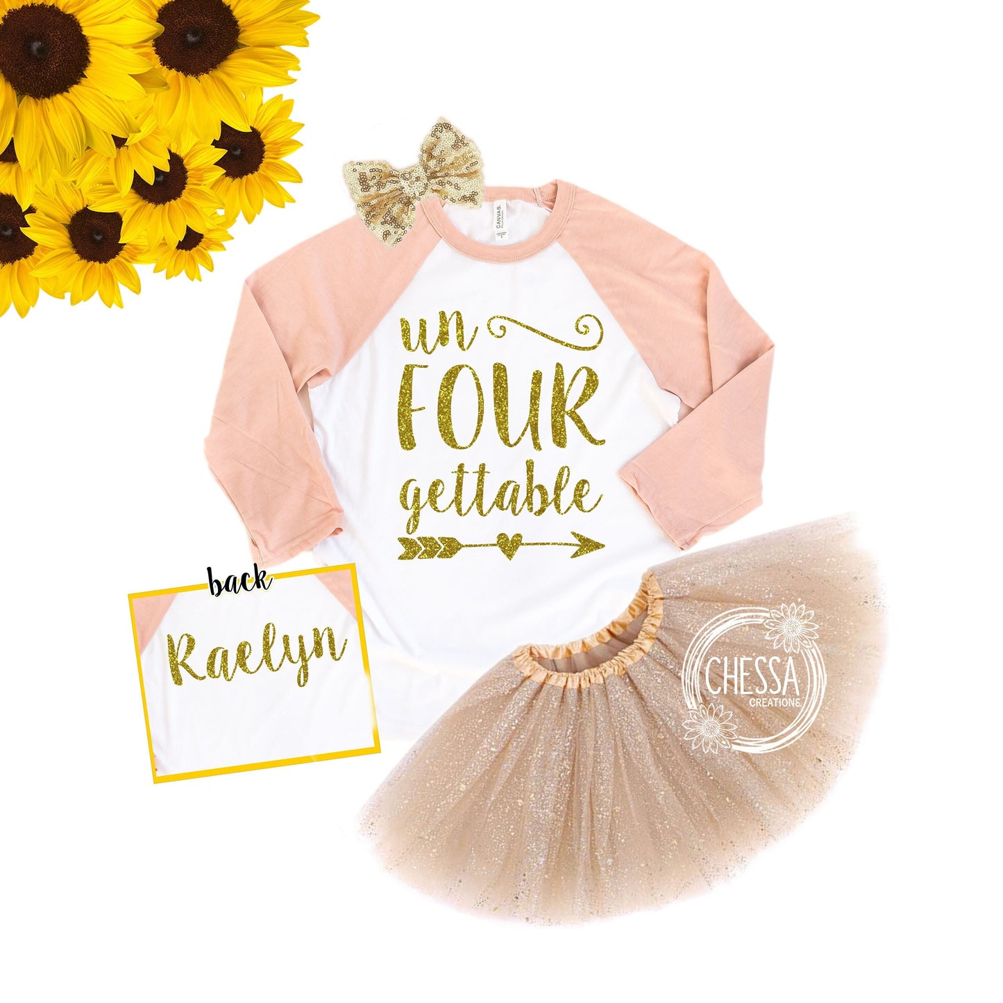 4th Birthday Girl Shirt, Outfit for 4 Year Old Birthday, Unforgettable Fourth Long Sleeve Gold Glitter Peach Coral Sleeves Gold Tutu/Bow