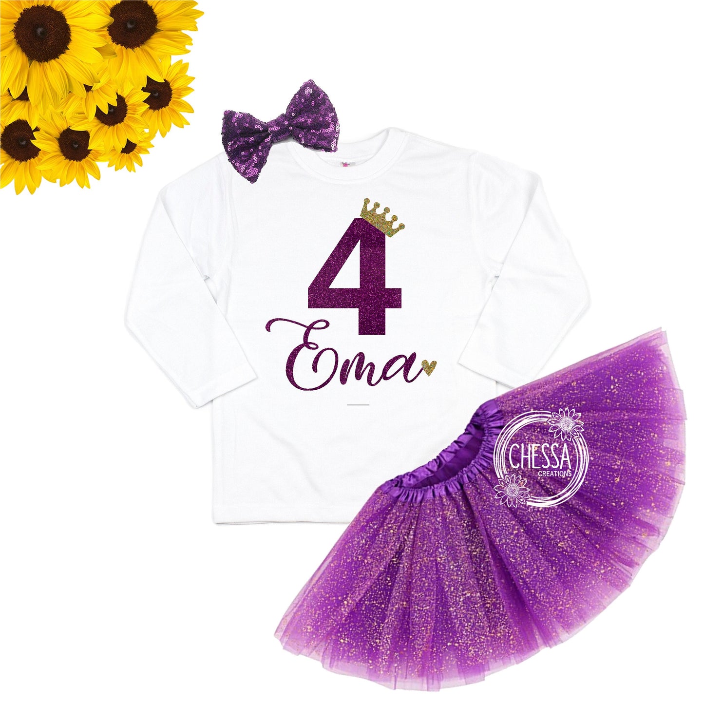 Girls Birthday Outfit, Girl Shirt for 1st, 2nd, 3rd, 4th, 5th, 6th, 7th, 8th, 9th, 10th Princess Party, Set with Tutu & Bow Purple Gold