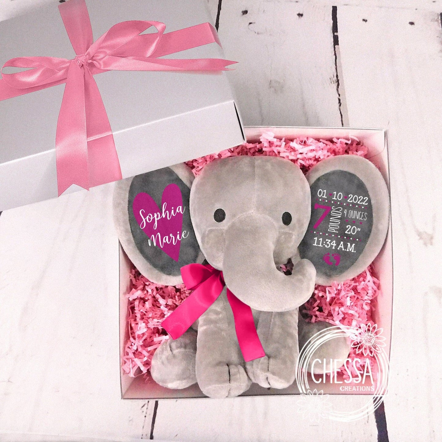 Rose Gold Baby Girl Gift Shower Set Personalized Stuffed Animal Newborn, Large Heart Design, 3-Piece Gifts Basket Bodysuit, Bib, Elephant