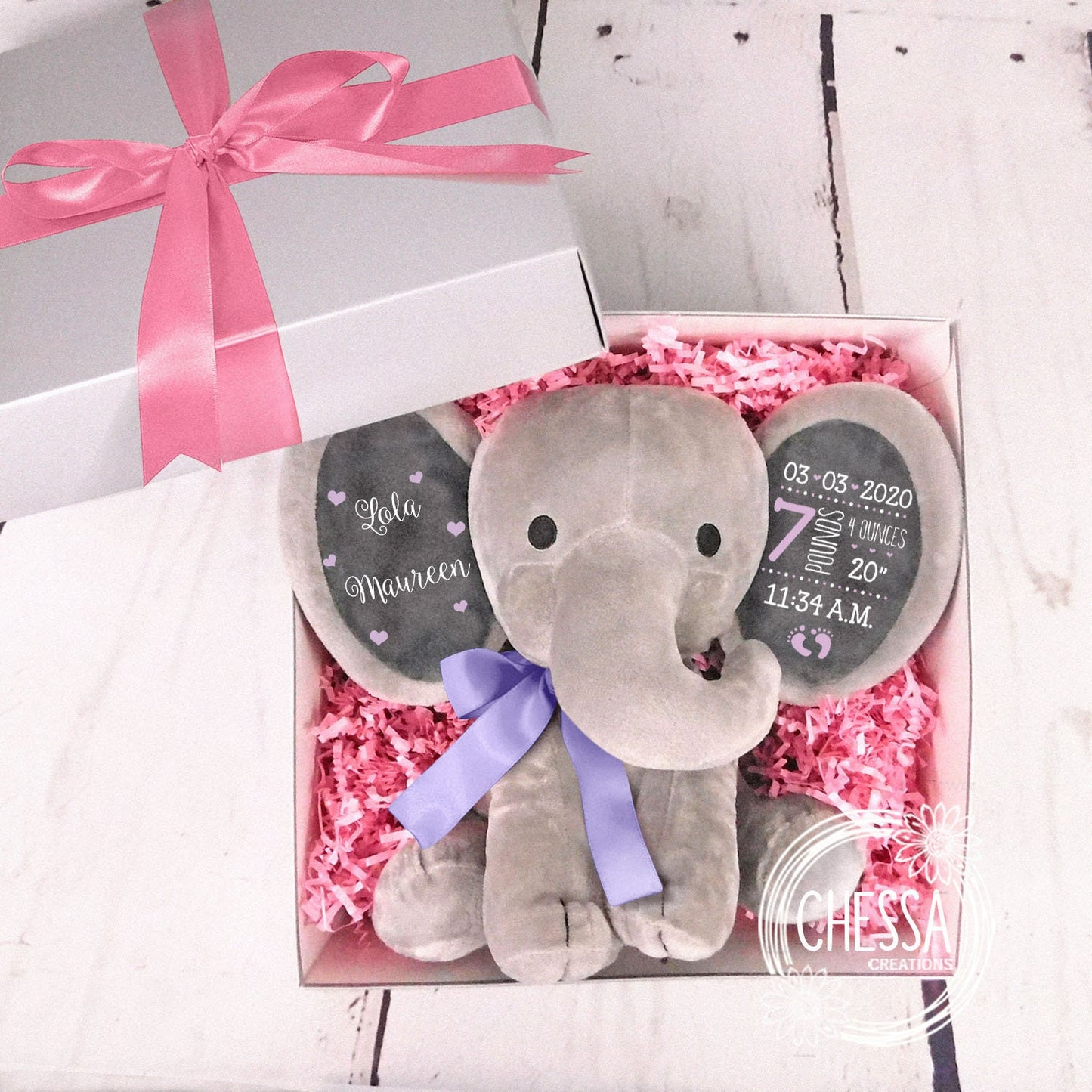 Newborn Baby Girl Shower Gift Basket Set 2-Piece Set Customized Elephant Stuffed Animal, Monogrammed One Piece Personalized Floral Lilac