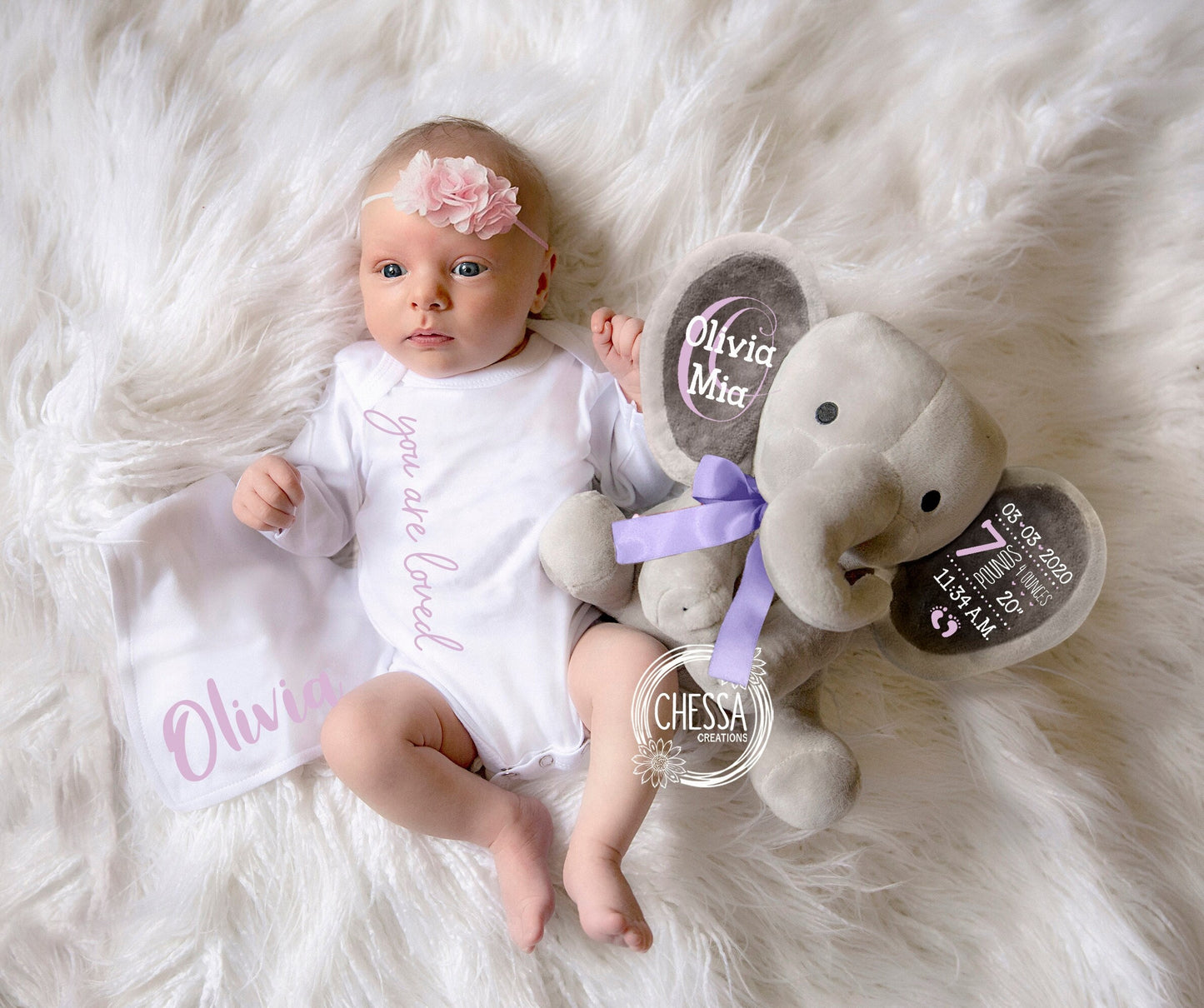 Baby Girl Shower Gift Set Personalized Stuffed Animal Newborn Girl you are loved 3-Piece Gifts Basket Bodysuit, Bib, Elephant, Lilac Purple