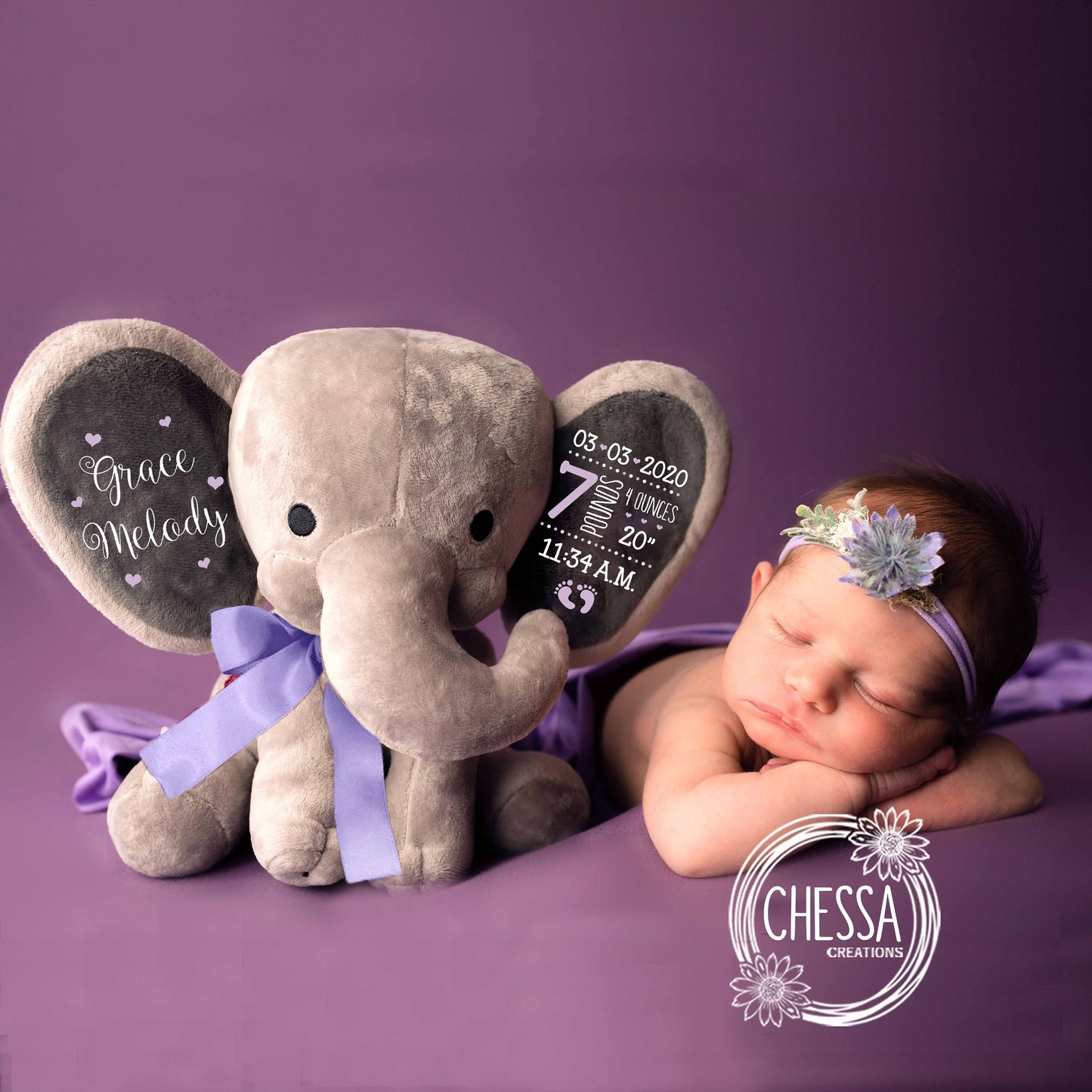 Newborn Baby Girl Shower Gift Basket Set 2-Piece Set Customized Elephant Stuffed Animal, Monogrammed One Piece Personalized Floral Lilac