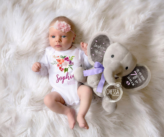 Newborn Baby Girl Shower Gift Basket Set 2-Piece Set Customized Elephant Stuffed Animal, Monogrammed One Piece Personalized Floral Lilac