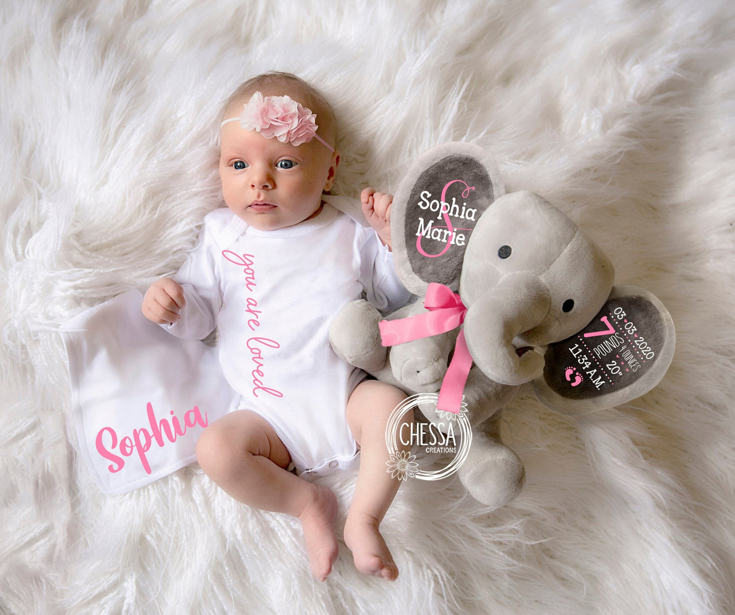 Baby Girl Shower Gift Set Personalized Stuffed Animal you are loved Newborn Girl 3-Piece Gifts Basket Bodysuit, Bib, and Elephant, Bubblegum